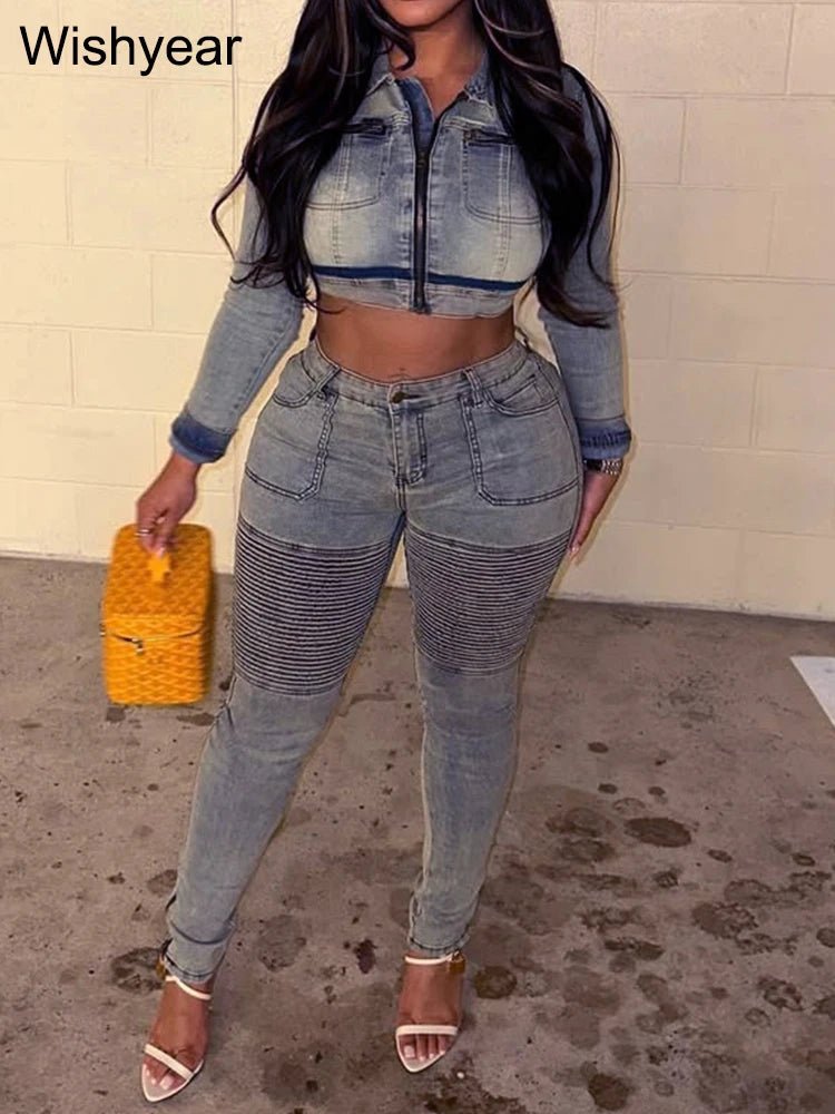 Denim Two - Piece Set + Patchwork Ruched Crop Top With Pockets + Casual Style - SN Wigs & More