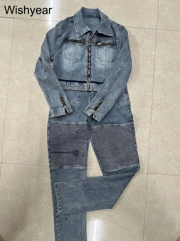 Denim Two - Piece Set + Patchwork Ruched Crop Top With Pockets + Casual Style - SN Wigs & More