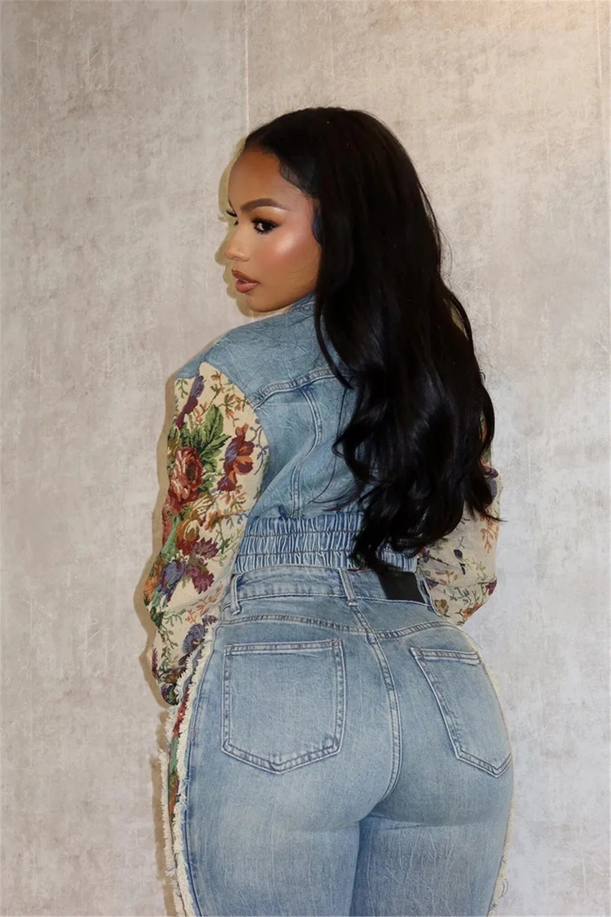 Denim Two Piece Set With Patchwork Flower Print Turn Down Collar Y2K Autumn Style - SN Wigs & More