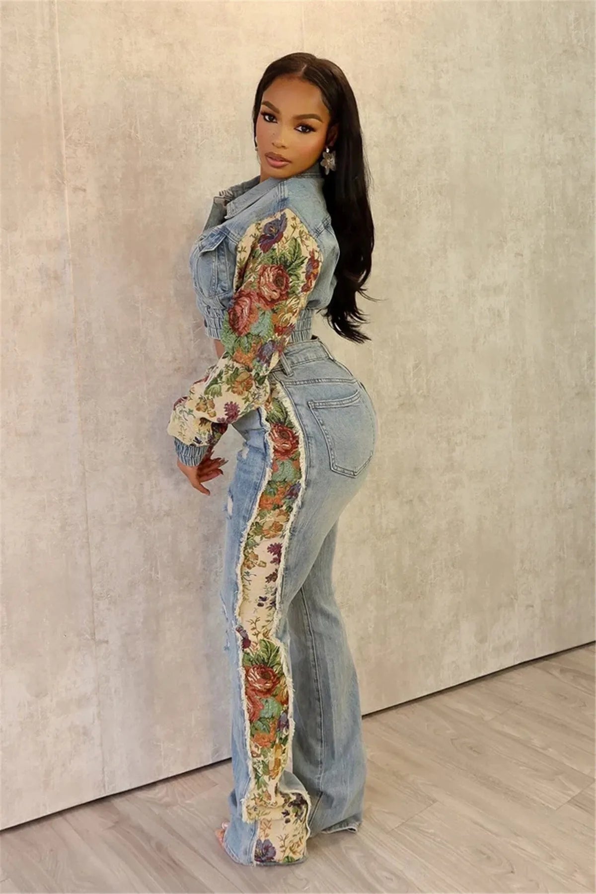 Denim Two Piece Set With Patchwork Flower Print Turn Down Collar Y2K Autumn Style - SN Wigs & More