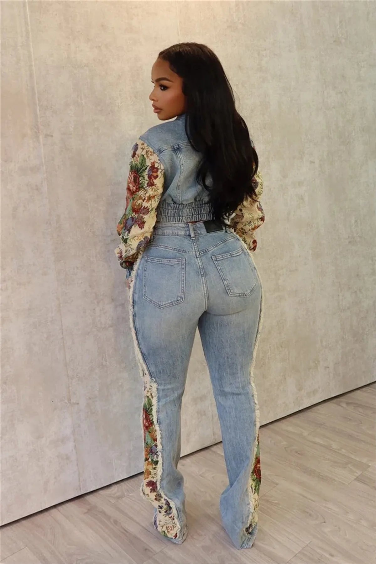 Denim Two Piece Set With Patchwork Flower Print Turn Down Collar Y2K Autumn Style - SN Wigs & More