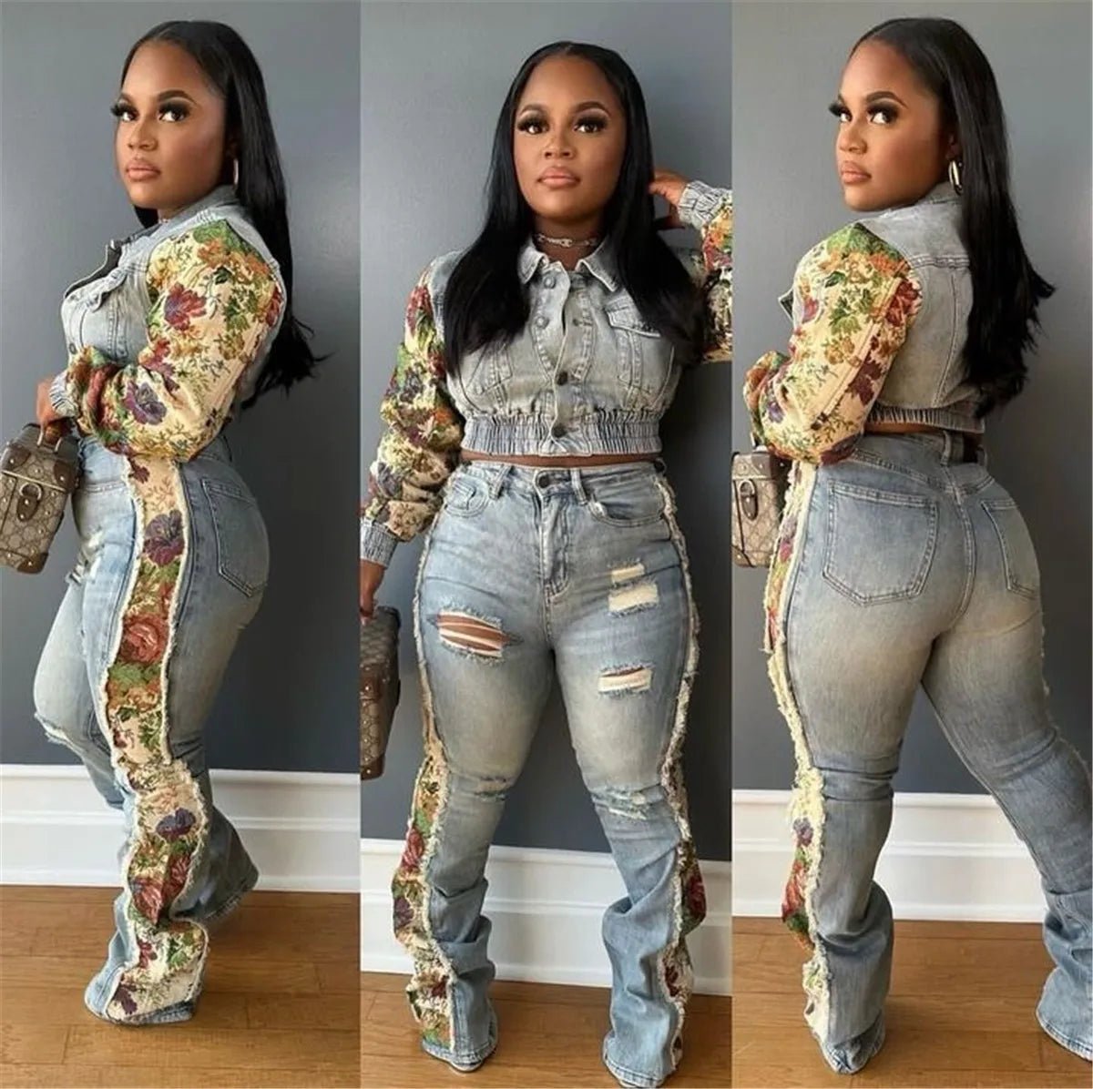 Denim Two Piece Set With Patchwork Flower Print Turn Down Collar Y2K Autumn Style - SN Wigs & More