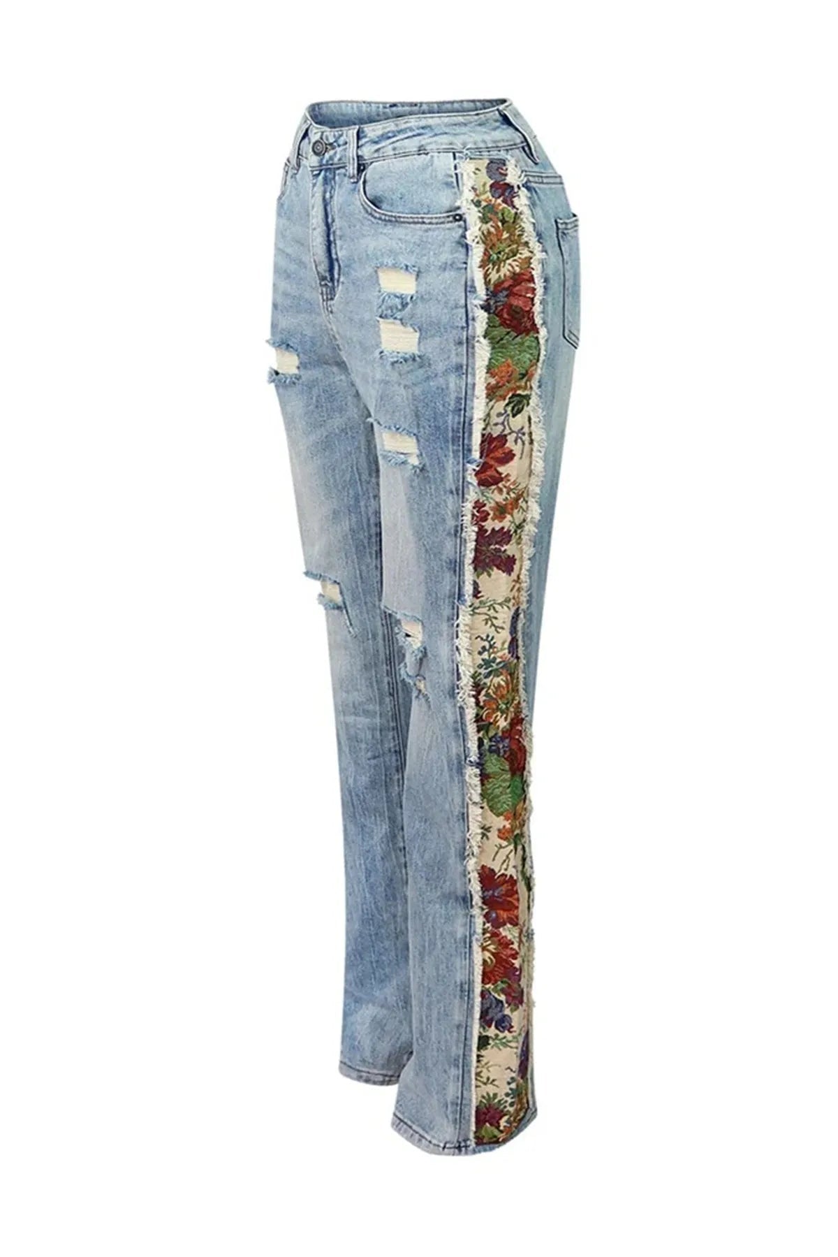 Denim Two Piece Set With Patchwork Flower Print Turn Down Collar Y2K Autumn Style - SN Wigs & More