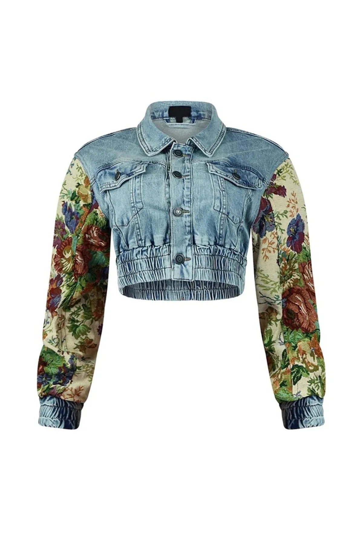 Denim Two Piece Set With Patchwork Flower Print Turn Down Collar Y2K Autumn Style - SN Wigs & More