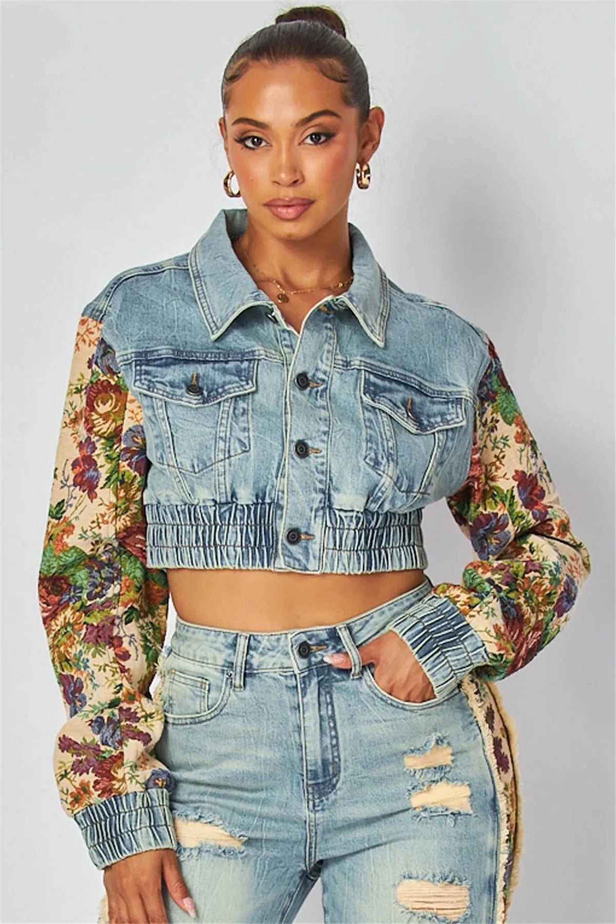 Denim Two Piece Set With Patchwork Flower Print Turn Down Collar Y2K Autumn Style - SN Wigs & More