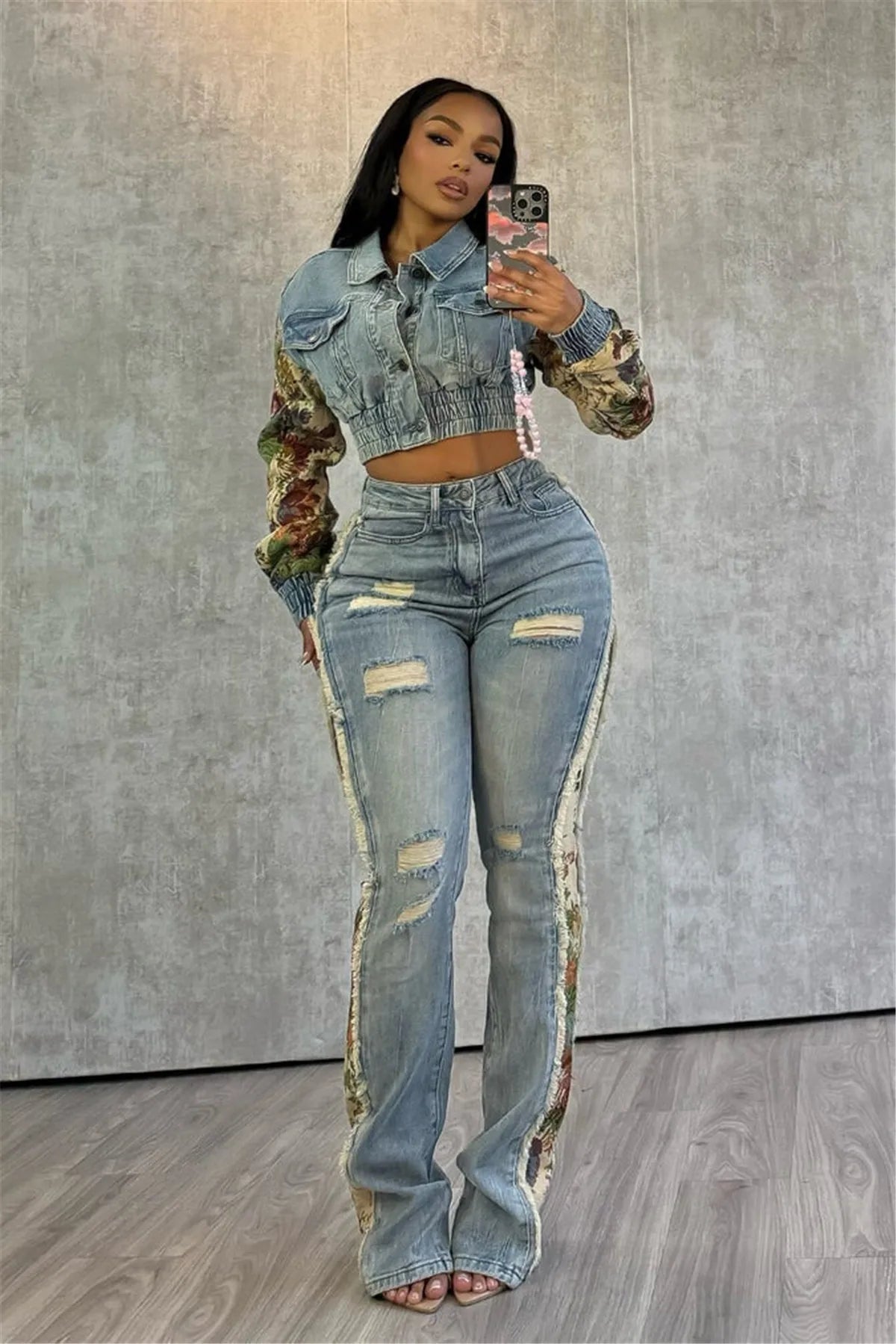 Denim Two Piece Set With Patchwork Flower Print Turn Down Collar Y2K Autumn Style - SN Wigs & More