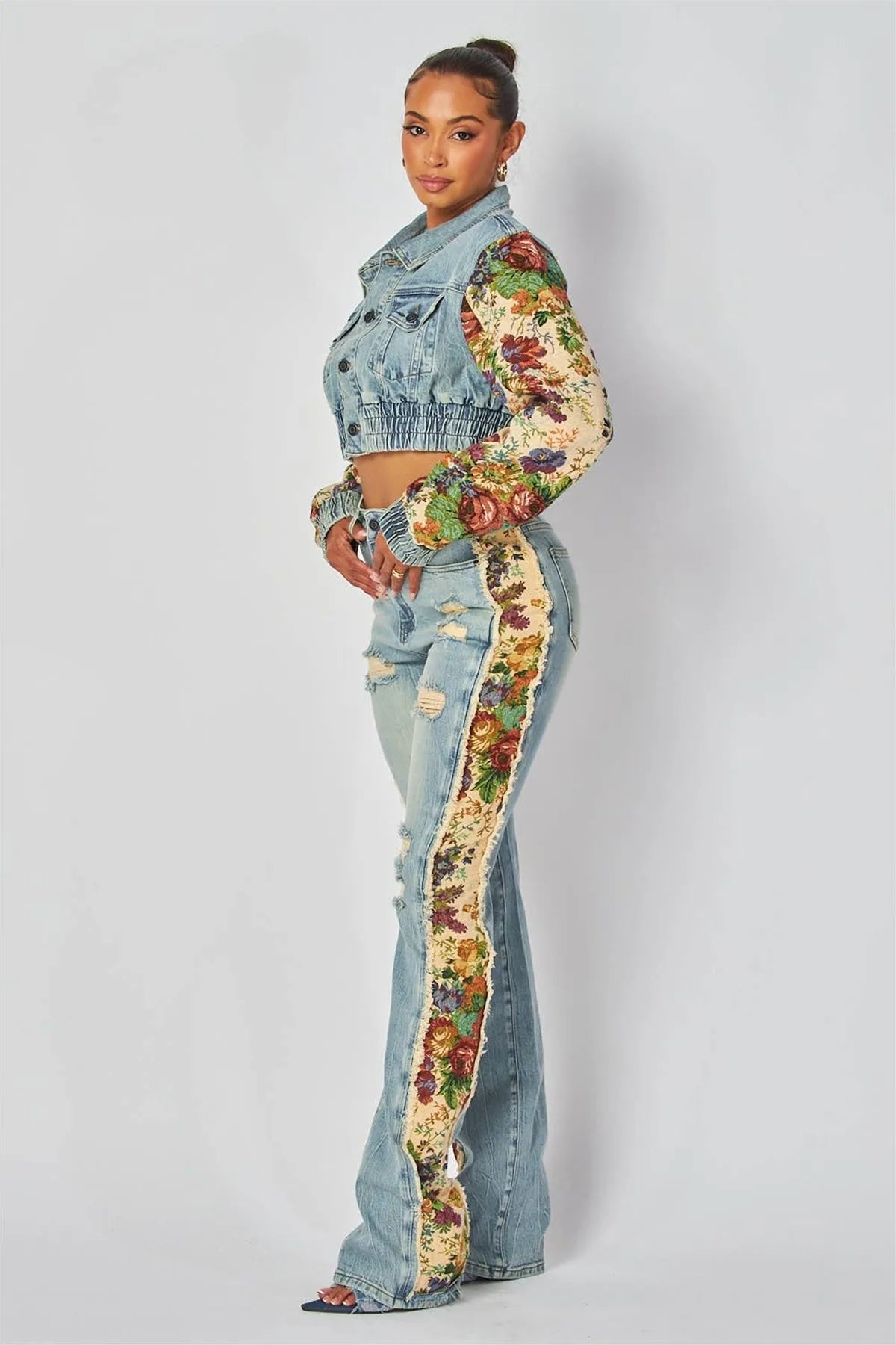 Denim Two Piece Set With Patchwork Flower Print Turn Down Collar Y2K Autumn Style - SN Wigs & More