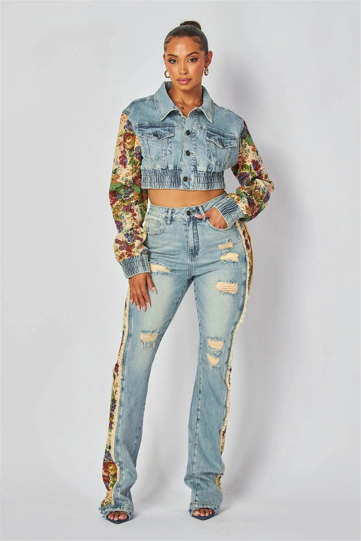Denim Two Piece Set With Patchwork Flower Print Turn Down Collar Y2K Autumn Style - SN Wigs & More