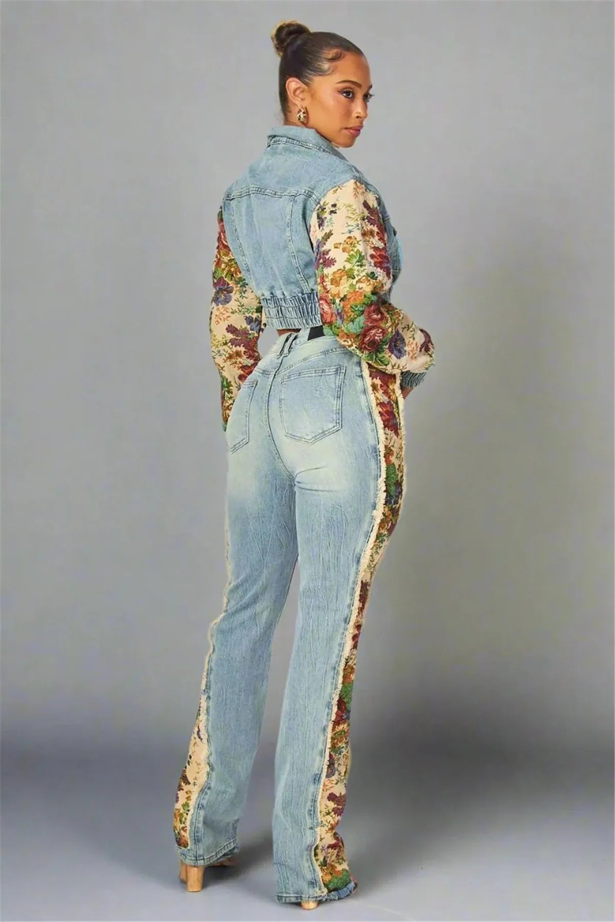 Denim Two Piece Set With Patchwork Flower Print Turn Down Collar Y2K Autumn Style - SN Wigs & More