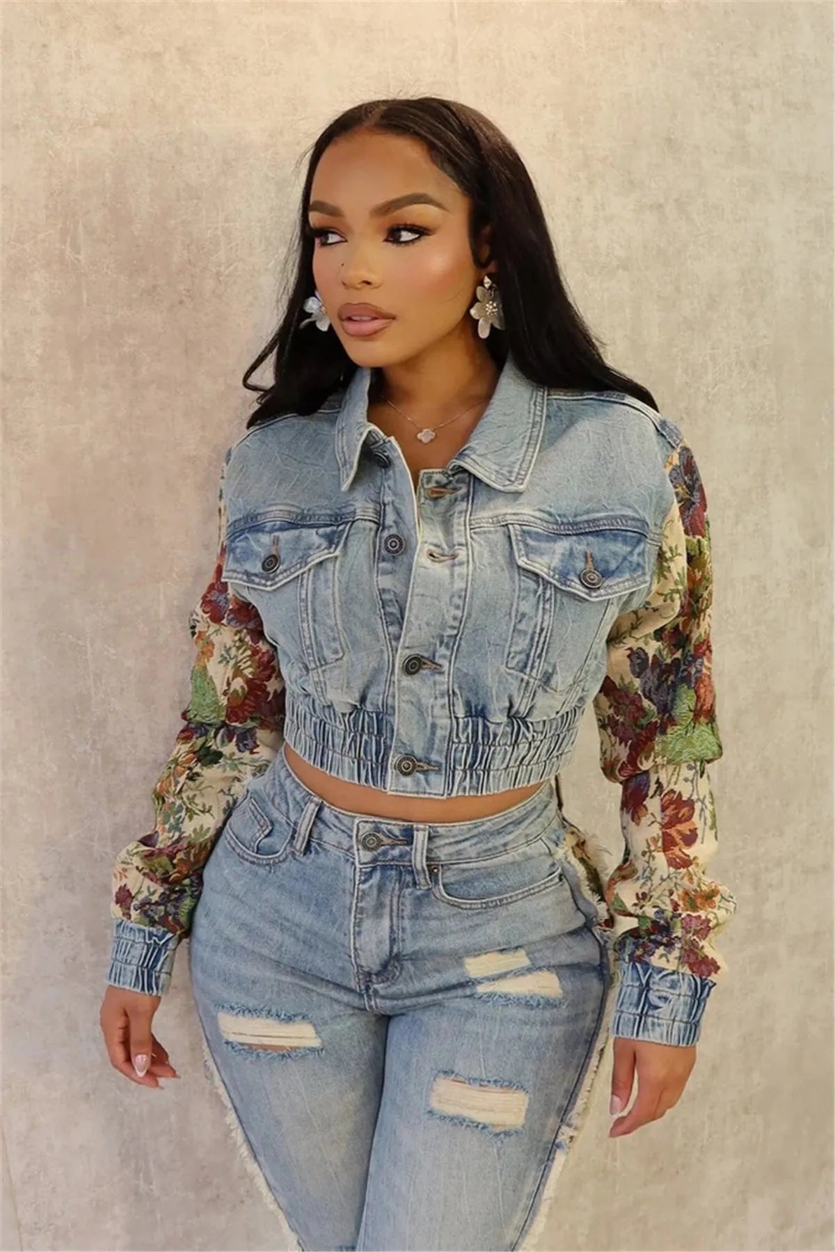 Denim Two Piece Set With Patchwork Flower Print Turn Down Collar Y2K Autumn Style - SN Wigs & More