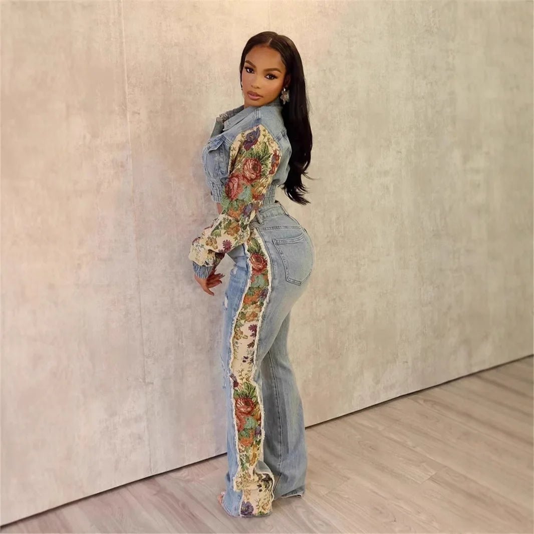 Denim Two Piece Set With Patchwork Flower Print Turn Down Collar Y2K Autumn Style - SN Wigs & More