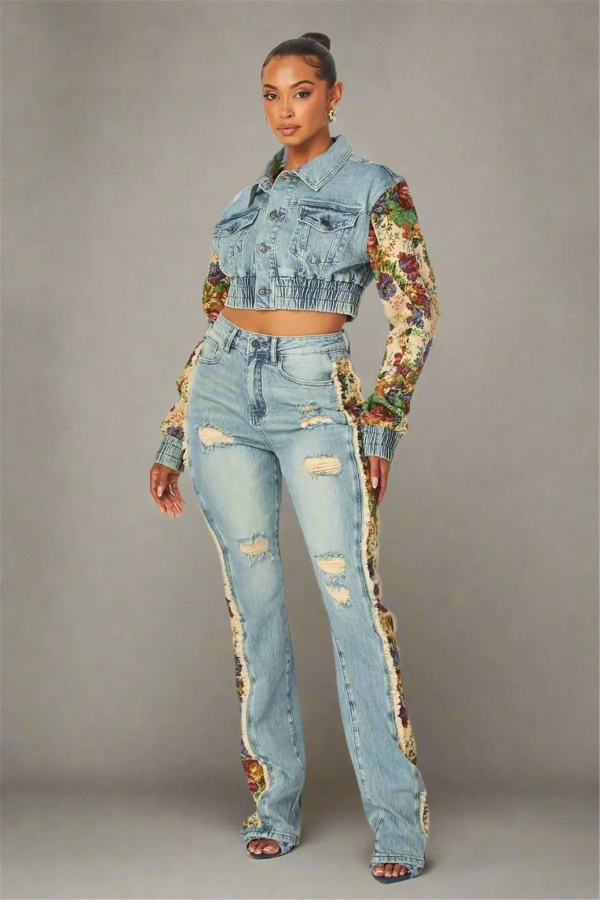 Denim Two Piece Set With Patchwork Flower Print Turn Down Collar Y2K Autumn Style - SN Wigs & More