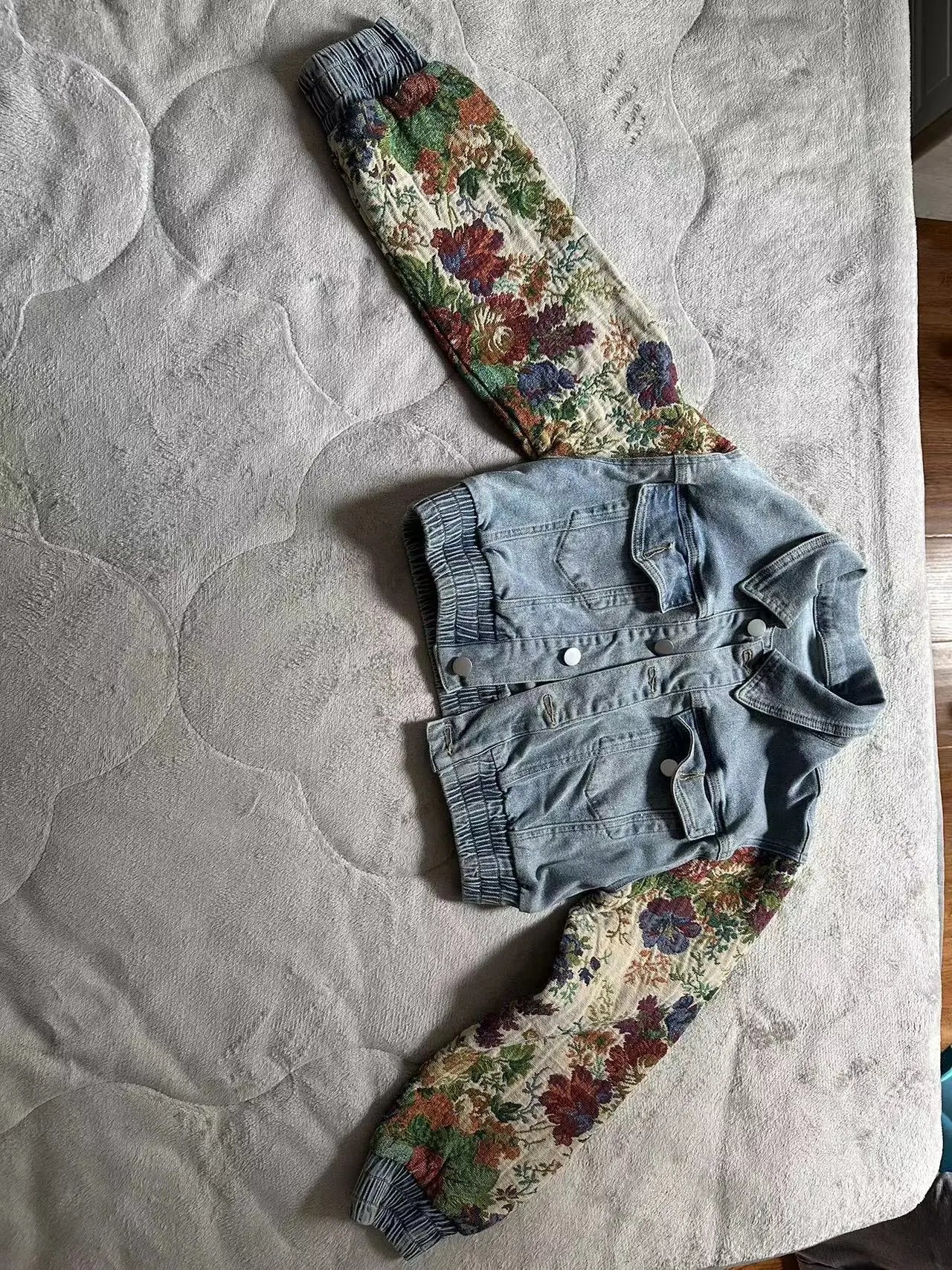 Denim Two Piece Set With Patchwork Flower Print Turn Down Collar Y2K Autumn Style - SN Wigs & More