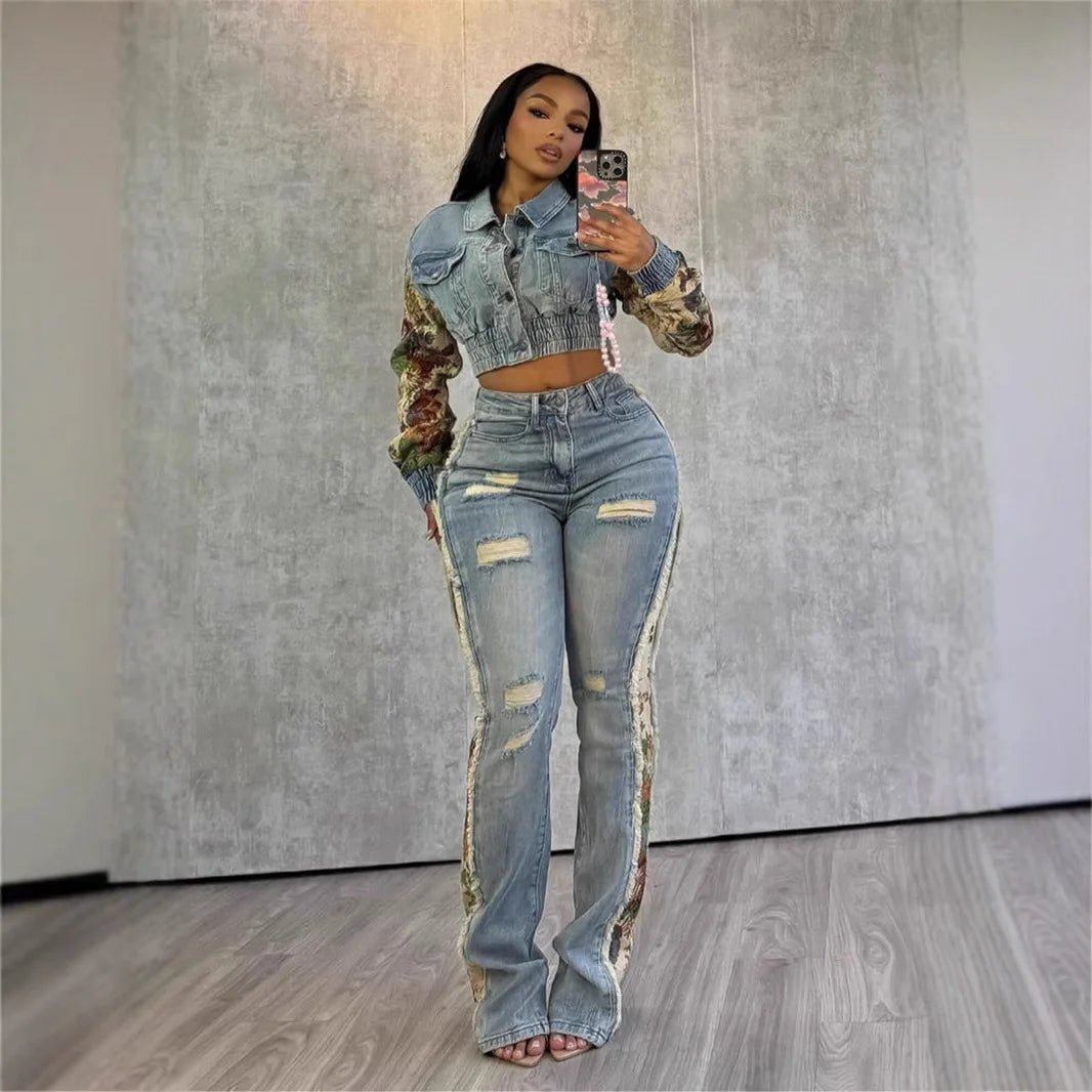 Denim Two Piece Set With Patchwork Flower Print Turn Down Collar Y2K Autumn Style - SN Wigs & More