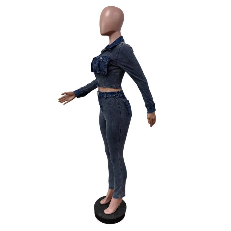Denim Two - Piece Set Zip Crop Top And Stretch Jeans Casual Style - SN Wigs & More