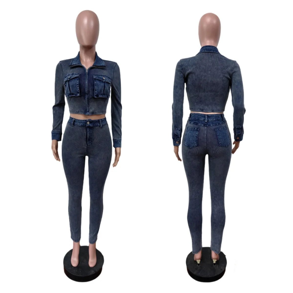 Denim Two - Piece Set Zip Crop Top And Stretch Jeans Casual Style - SN Wigs & More