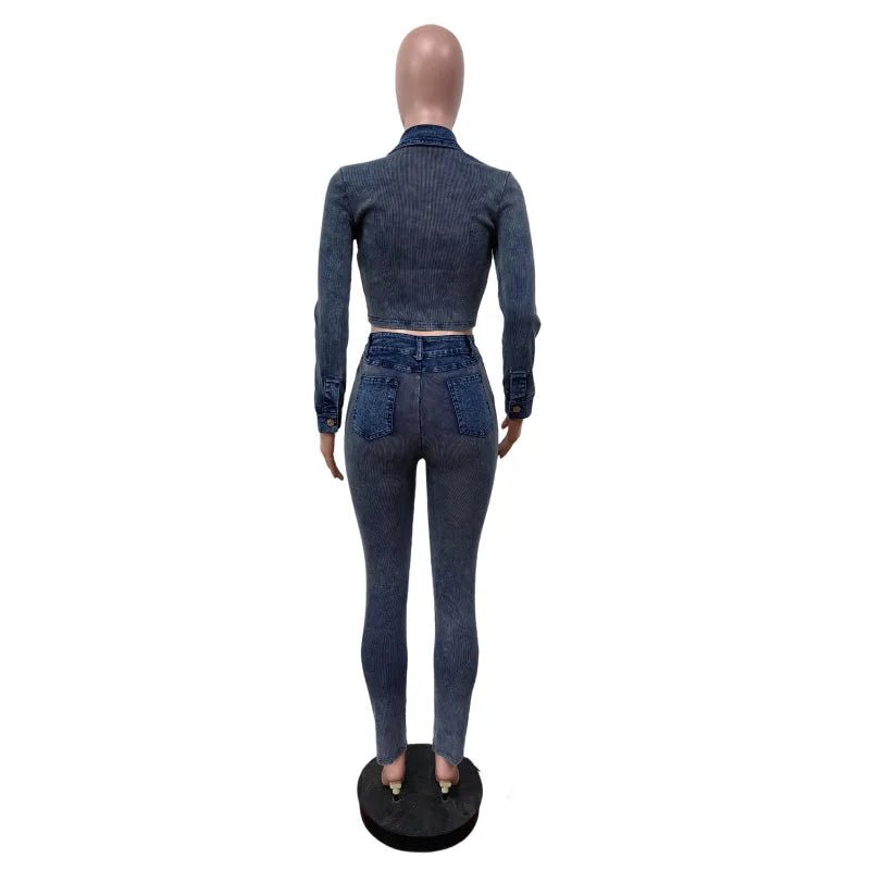 Denim Two - Piece Set Zip Crop Top And Stretch Jeans Casual Style - SN Wigs & More