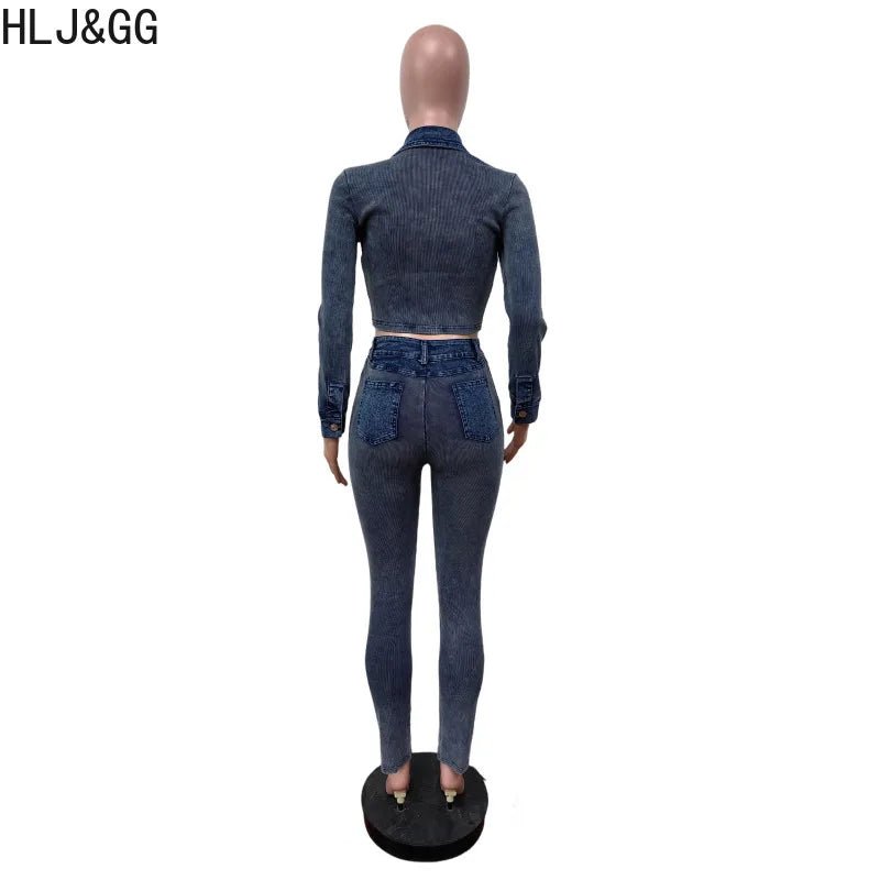 Denim Two - Piece Set Zip Crop Top And Stretch Jeans Casual Style - SN Wigs & More