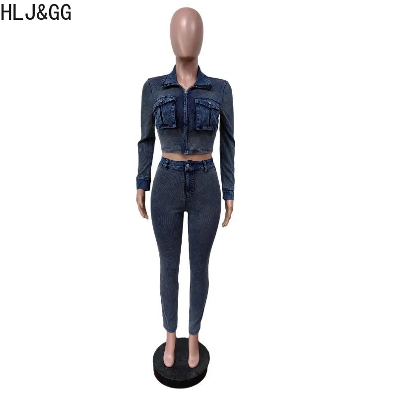 Denim Two - Piece Set Zip Crop Top And Stretch Jeans Casual Style - SN Wigs & More