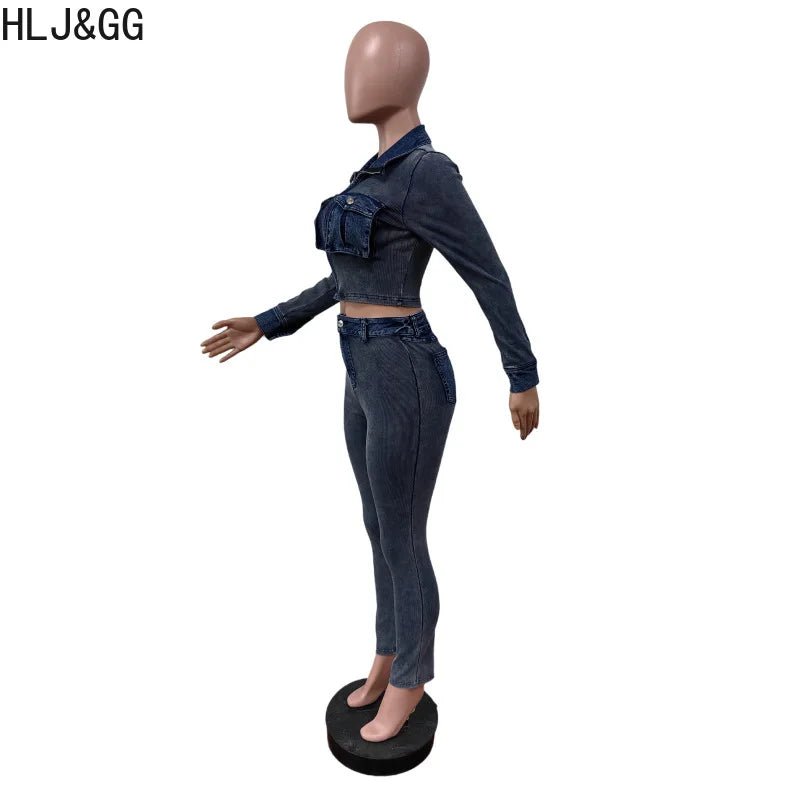 Denim Two - Piece Set Zip Crop Top And Stretch Jeans Casual Style - SN Wigs & More