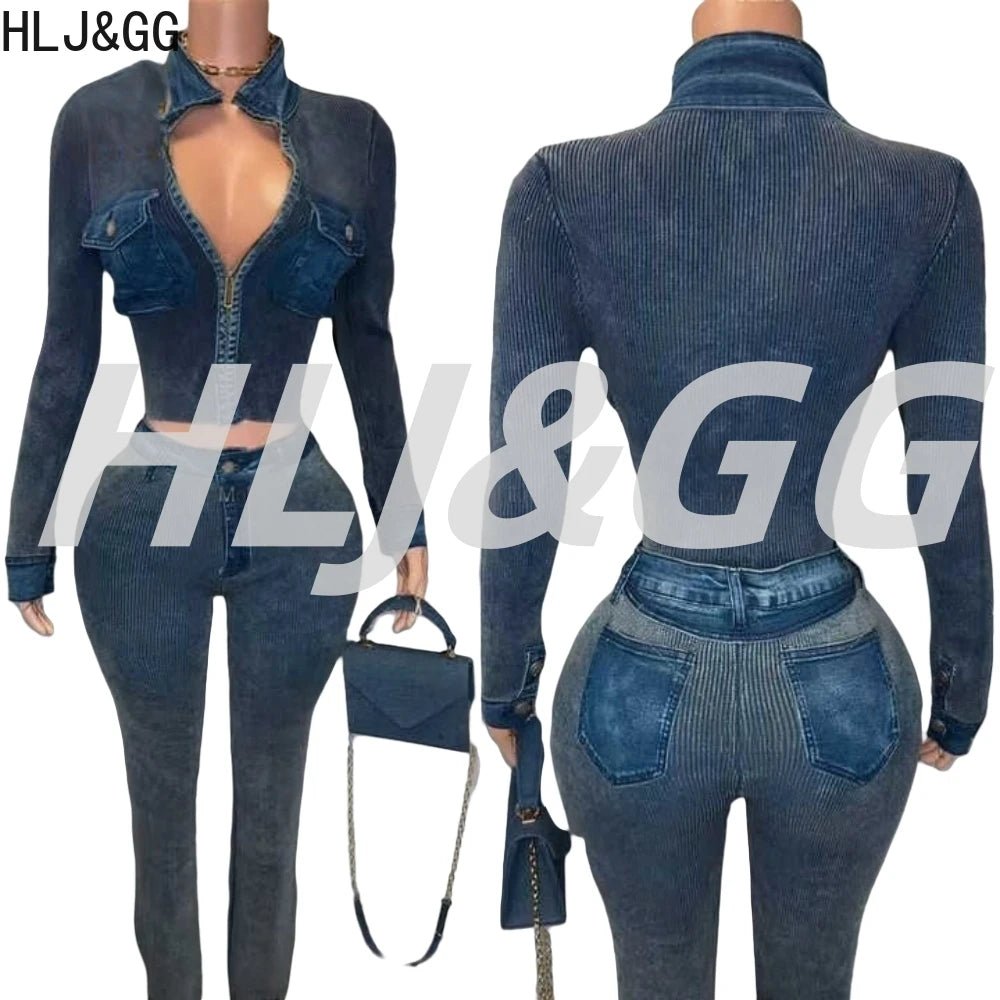 Denim Two - Piece Set Zip Crop Top And Stretch Jeans Casual Style - SN Wigs & More