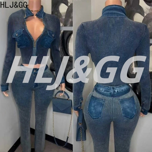 Denim Two - Piece Set Zip Crop Top And Stretch Jeans Casual Style - SN Wigs & More