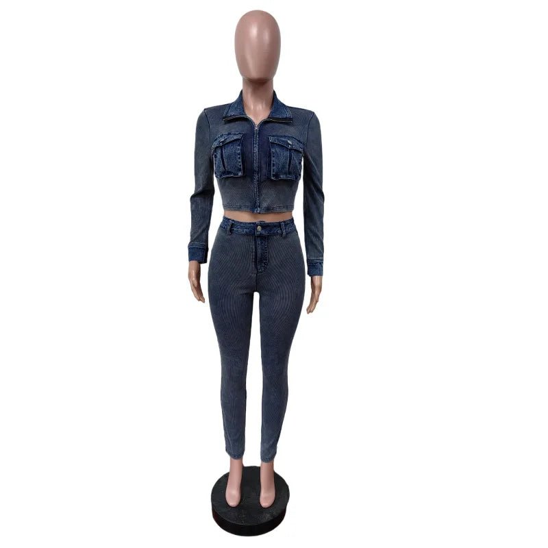 Denim Two - Piece Set Zip Crop Top And Stretch Jeans Casual Style - SN Wigs & More