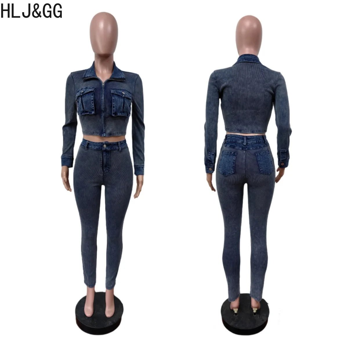 Denim Two - Piece Set Zip Crop Top And Stretch Jeans Casual Style - SN Wigs & More