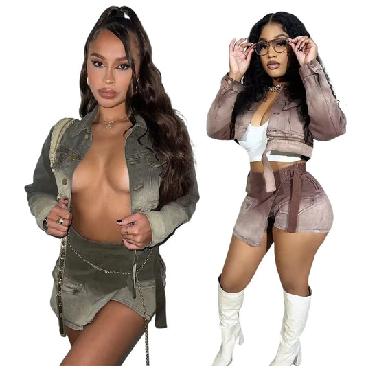 Denim Women Outfits Gradient Color Shorts 2 Piece Set Ladies Casual Jeans Clothing Button Two Pieces Set Women Set with Pockets