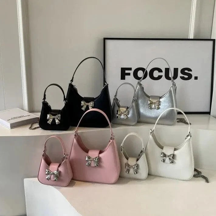 Design Small PU Leather Half-moon Shoulder Bags for Women 2024 Retro Vintage Female Underarm Bag Sweet Bow Handbags and Purses