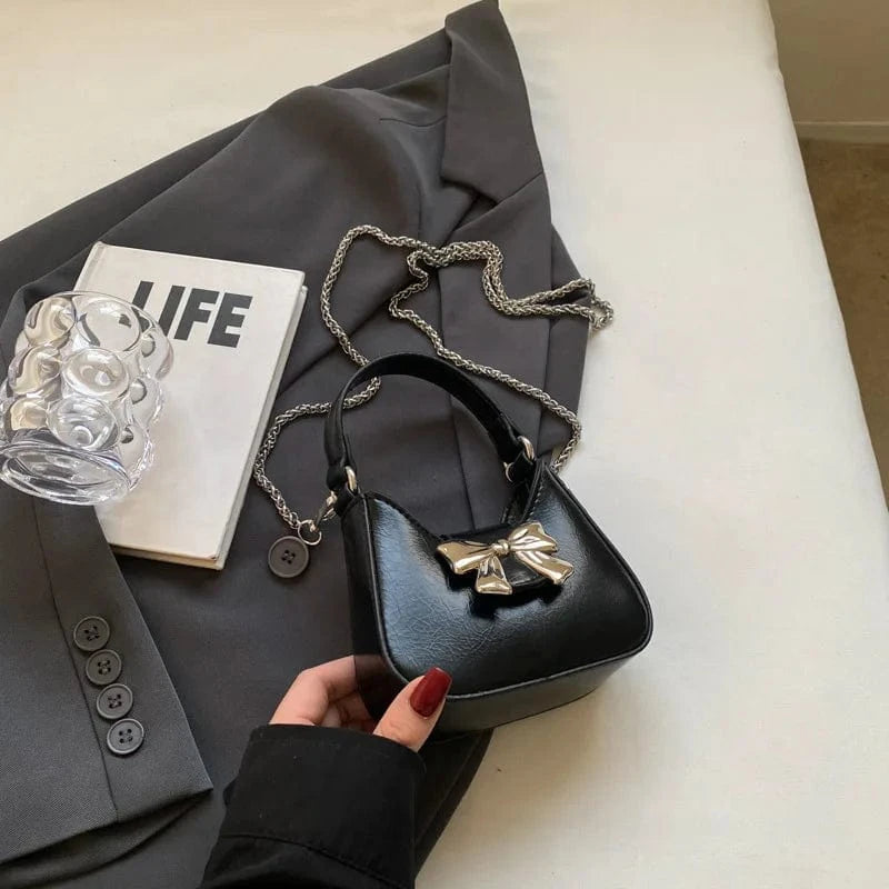 Design Small PU Leather Half-moon Shoulder Bags for Women 2024 Retro Vintage Female Underarm Bag Sweet Bow Handbags and Purses
