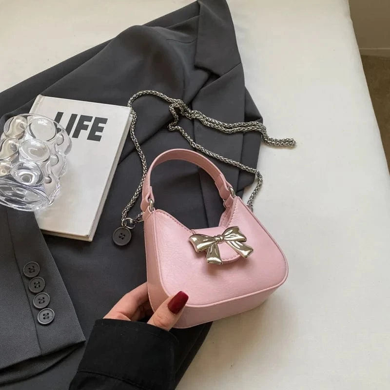 Design Small PU Leather Half-moon Shoulder Bags for Women 2024 Retro Vintage Female Underarm Bag Sweet Bow Handbags and Purses