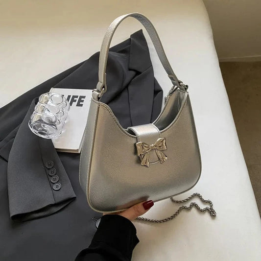 Design Small PU Leather Half-moon Shoulder Bags for Women 2024 Retro Vintage Female Underarm Bag Sweet Bow Handbags and Purses