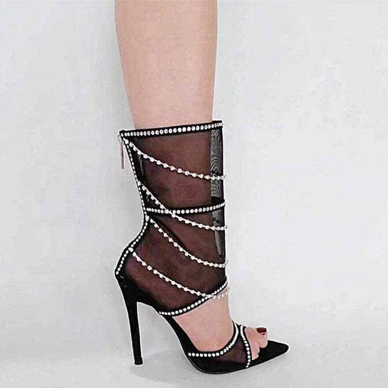 Designed Summer Mesh Upper High Heels Women Cut Out Sandals Shiny Diamonds Short Ankle Boots Soft Suede Pumps