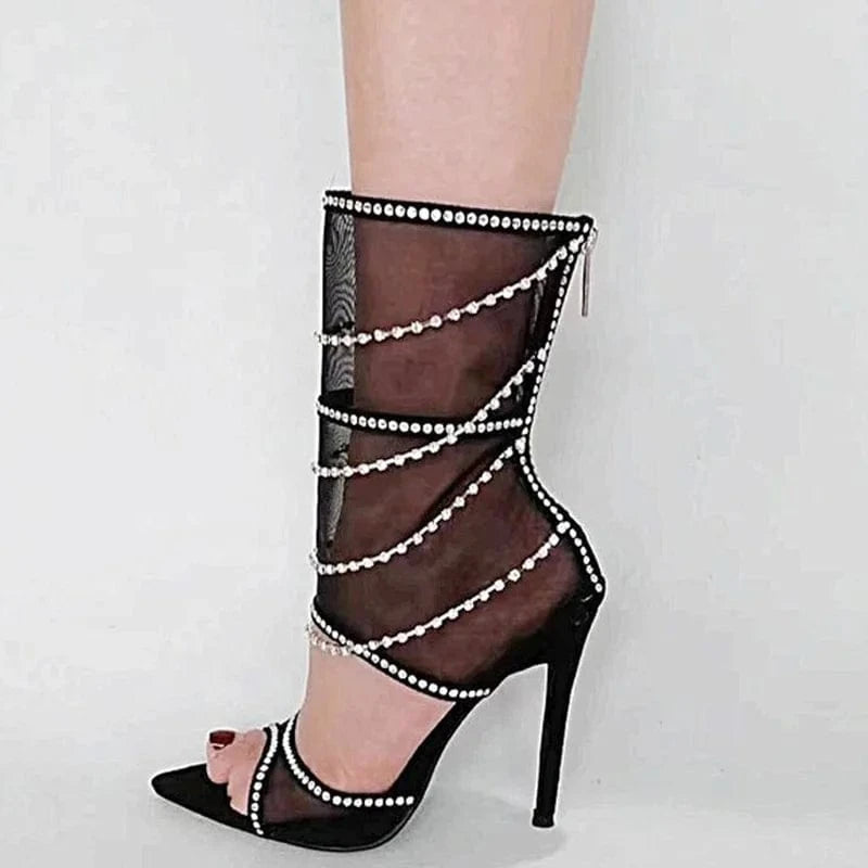 Designed Summer Mesh Upper High Heels Women Cut Out Sandals Shiny Diamonds Short Ankle Boots Soft Suede Pumps