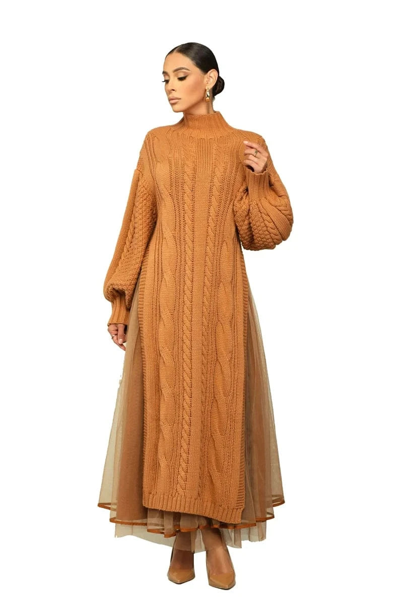 designer fitted gauze patchwork long sleeve high neck ribbed draped sweater maxi dress woman 2024 new arrival clothing for women