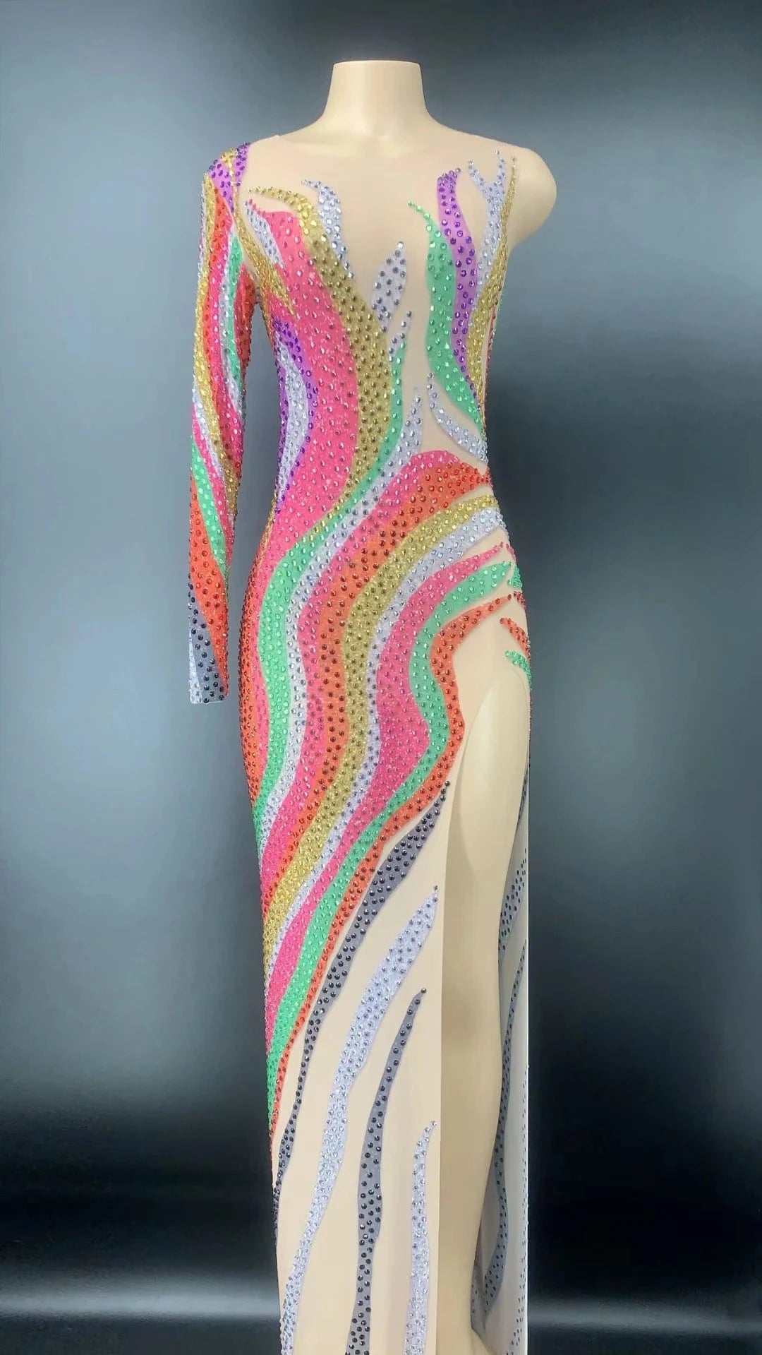 Designer Rainbow Multicolor See Through Crystal Cocktail Long Dress Sexy One Shoulder Evening Gown Women Wedding Party Dress