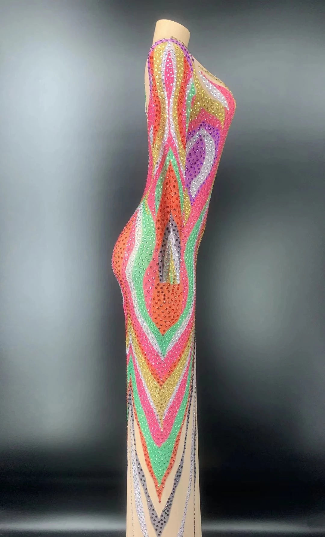 Designer Rainbow Multicolor See Through Crystal Cocktail Long Dress Sexy One Shoulder Evening Gown Women Wedding Party Dress