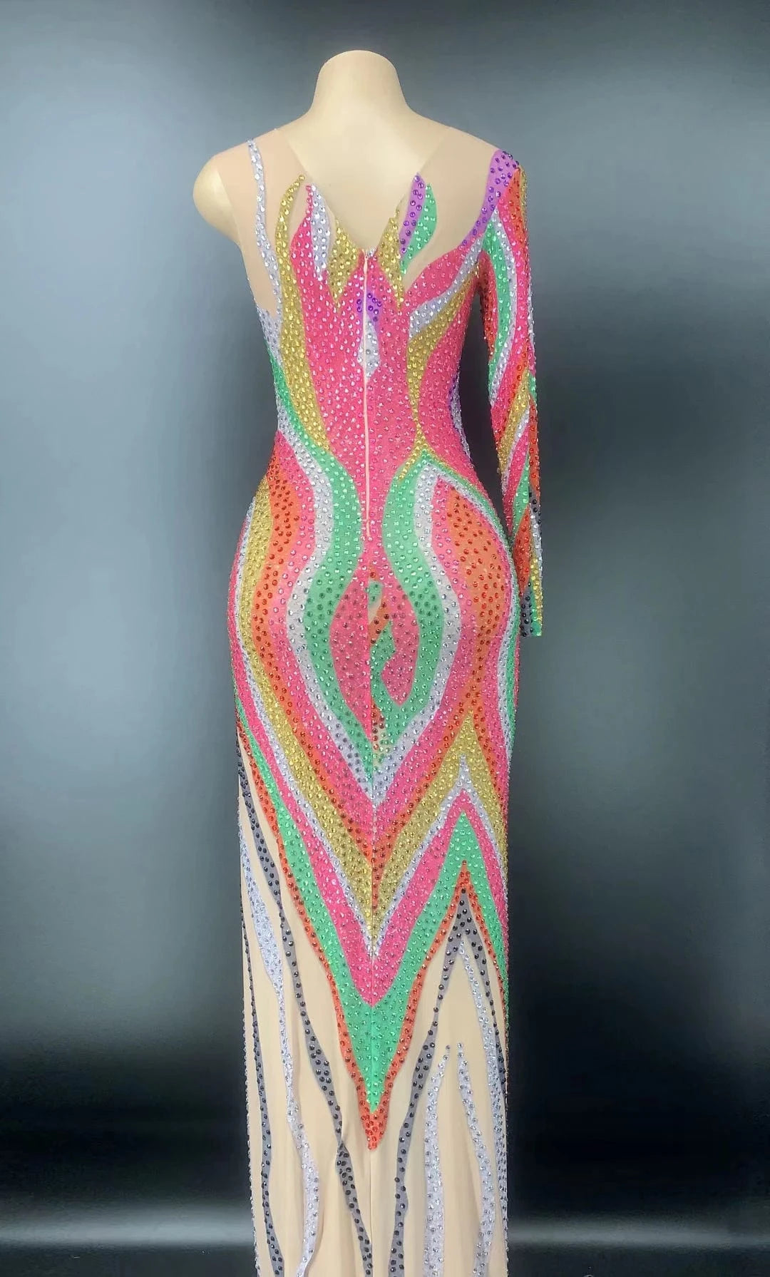 Designer Rainbow Multicolor See Through Crystal Cocktail Long Dress Sexy One Shoulder Evening Gown Women Wedding Party Dress