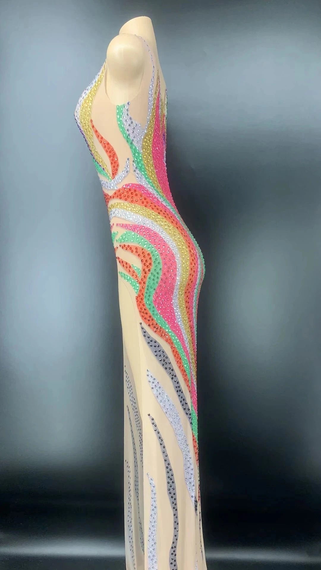 Designer Rainbow Multicolor See Through Crystal Cocktail Long Dress Sexy One Shoulder Evening Gown Women Wedding Party Dress