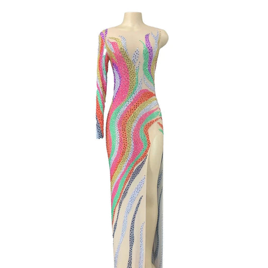 Designer Rainbow Multicolor See Through Crystal Cocktail Long Dress Sexy One Shoulder Evening Gown Women Wedding Party Dress