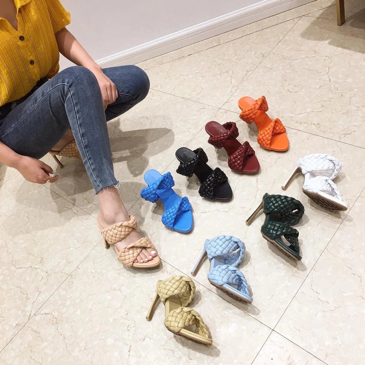 Designer stiletto heels women shoes sandals slippers Fashion pointed Toe Slides Heels for Ladies Braid Woven Zapatos Altos Mules