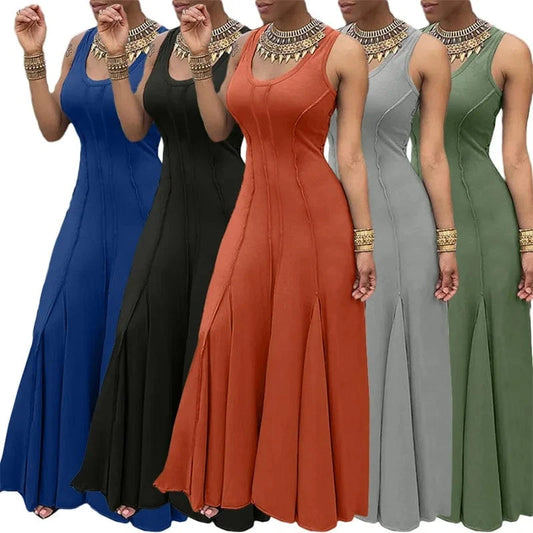 designer top quality plus size office women ladies modest 2024 summer red pleat stylish maxi long sleeveless graduation dresses