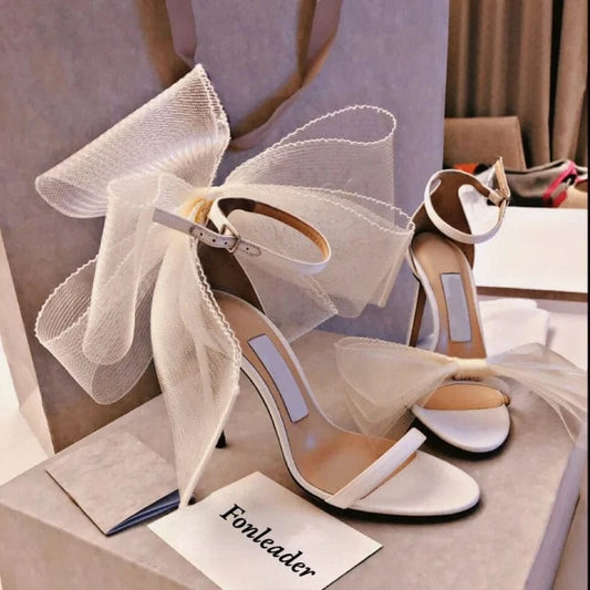 Detachable Bow Luxury Bride Wedding Shoes Stilettos Sexy White Big Bow Heels for Ladies