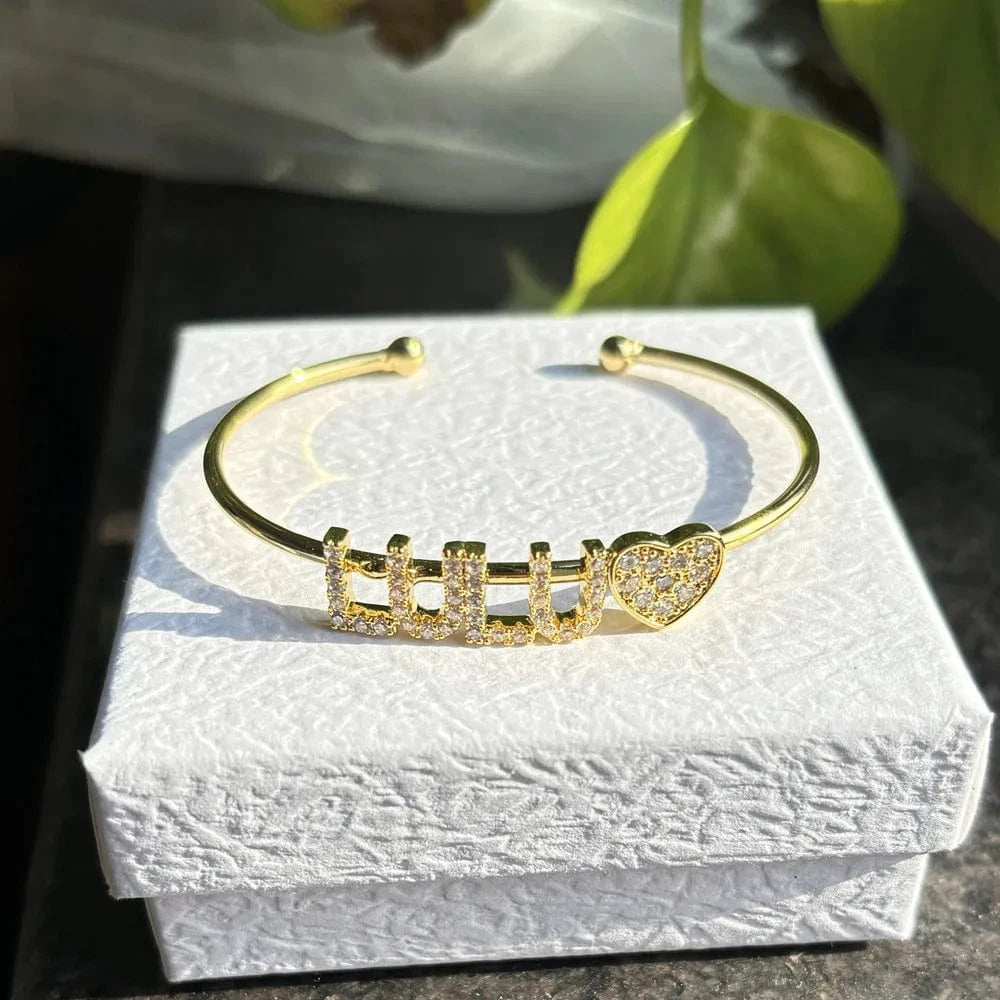 diameter 55mm / Gold Qiuhan OEM  9mm Zircon Letter Pave Setting Copper Custom Name Bangle For Kid