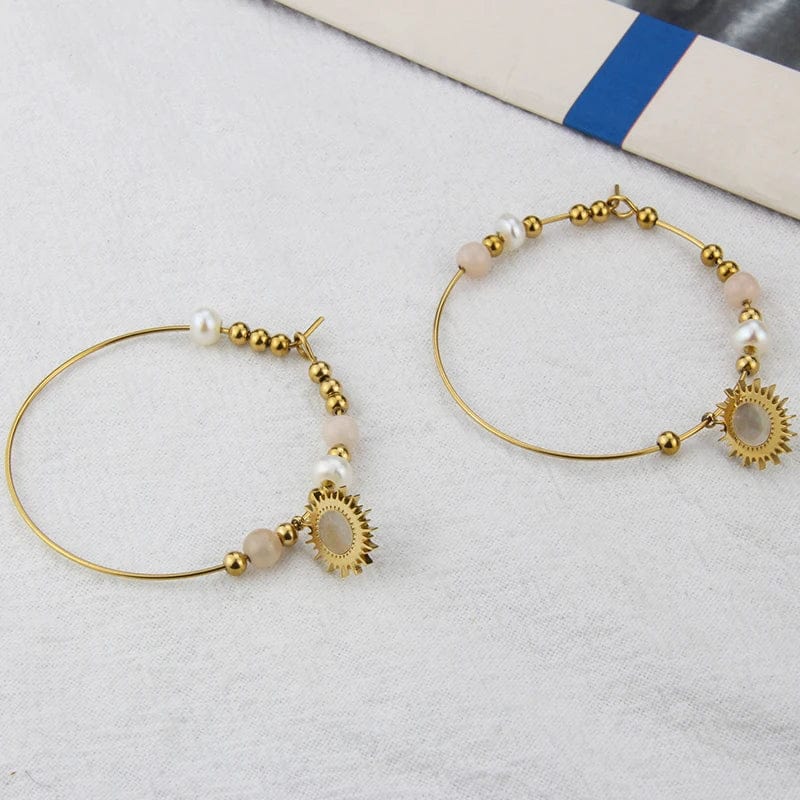 diameter4.03cm / Gold Pearl Shell Pendant Beaded Hoop Earrings High-quality Gold Plated Stainless Steel Not Allergic Jewelry