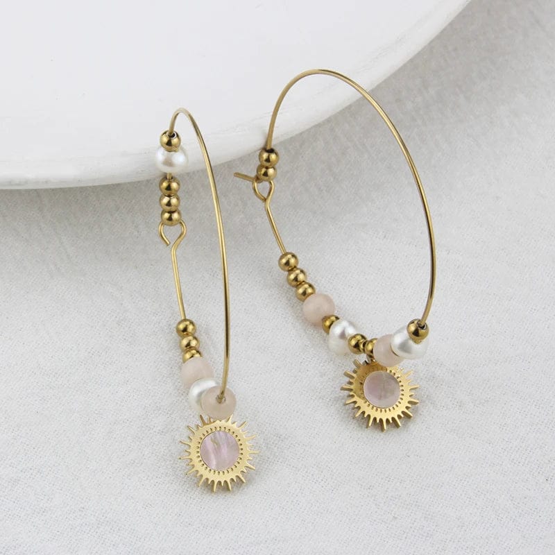 diameter4.03cm / Gold Pearl Shell Pendant Beaded Hoop Earrings High-quality Gold Plated Stainless Steel Not Allergic Jewelry