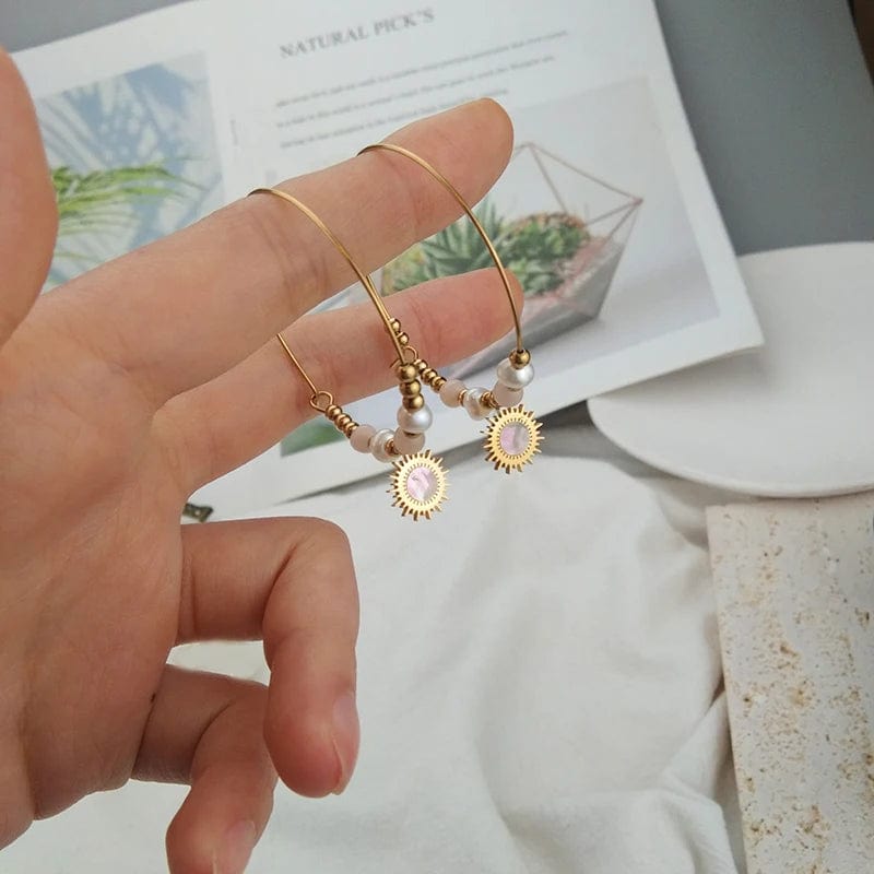 diameter4.03cm / Gold Pearl Shell Pendant Beaded Hoop Earrings High-quality Gold Plated Stainless Steel Not Allergic Jewelry