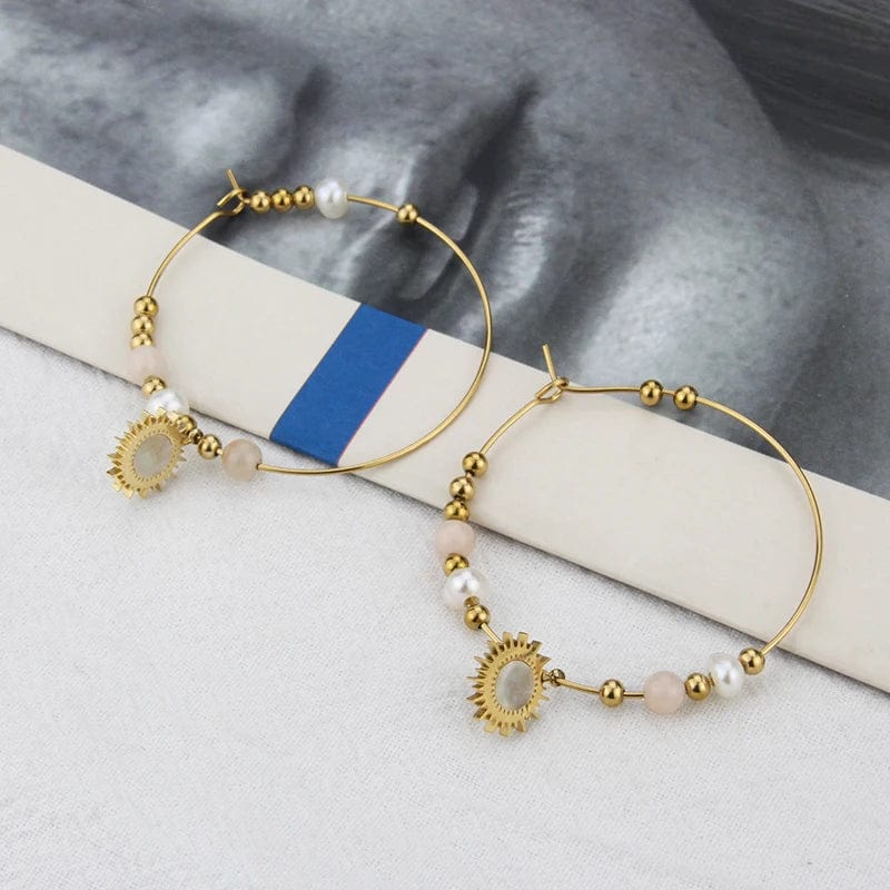 diameter4.03cm / Gold Pearl Shell Pendant Beaded Hoop Earrings High-quality Gold Plated Stainless Steel Not Allergic Jewelry