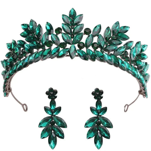 DIEZI Baroque Vintage Black Metal Green Red Crystal Opal Tiara For Women Wedding Party Dress Elegant Queen Bridal Bride Crown